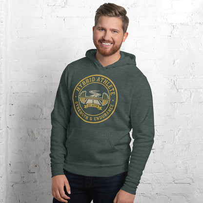 Hybrid Athlete vintage athletic-department crest hoodie — Heather Forest, on model