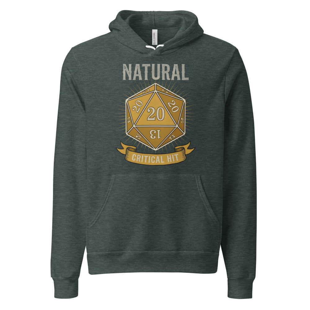 Natural 20 critical hit d20 tabletop RPG hoodie — Heather Forest, front