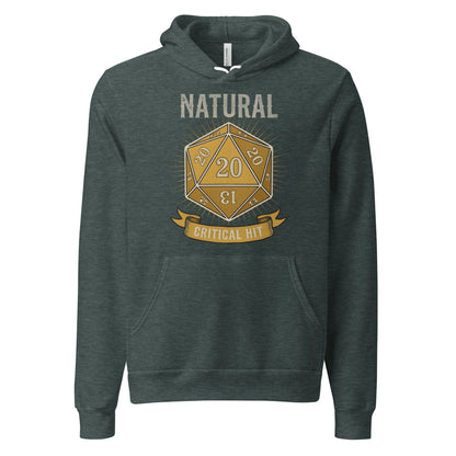 Natural 20 critical hit d20 tabletop RPG hoodie — Heather Forest, front