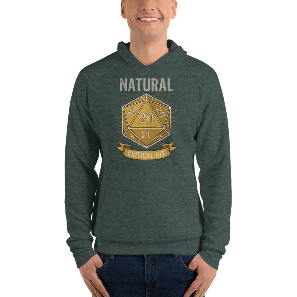 Natural 20 critical hit d20 tabletop RPG hoodie — Heather Forest, on model