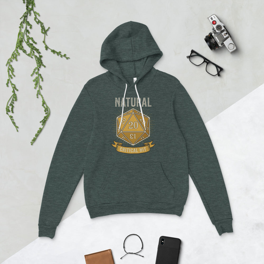 Natural 20 critical hit d20 tabletop RPG hoodie — Heather Forest, flat lay