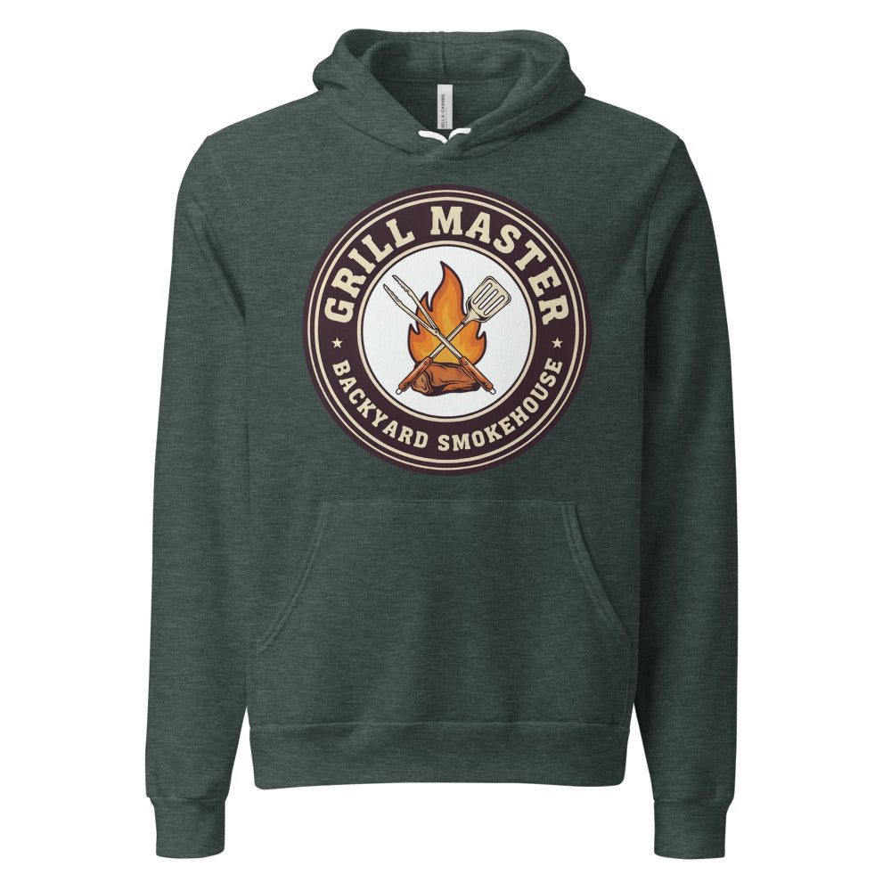 Grill Master retro backyard smokehouse hoodie — Heather Forest, front