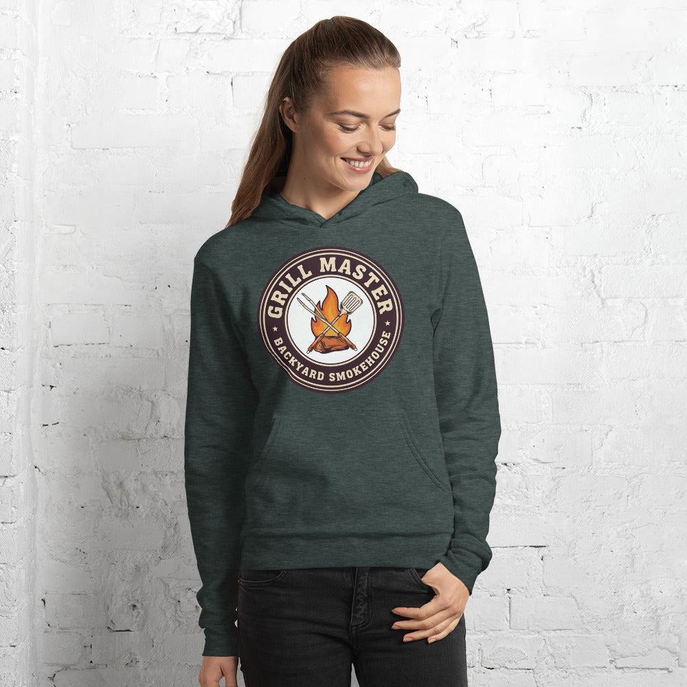 Grill Master retro backyard smokehouse hoodie — Heather Forest, on model