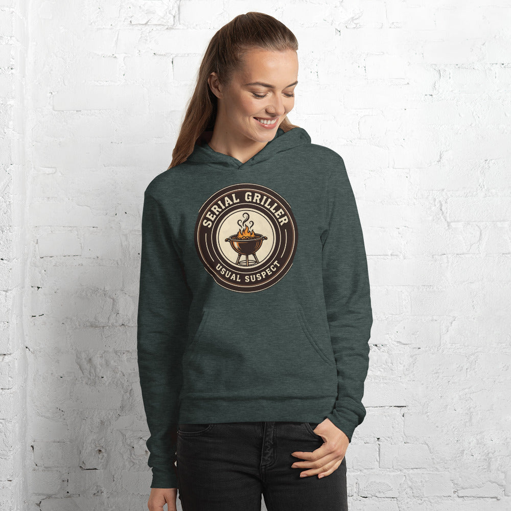Serial Griller funny BBQ hoodie — Heather Forest, on model