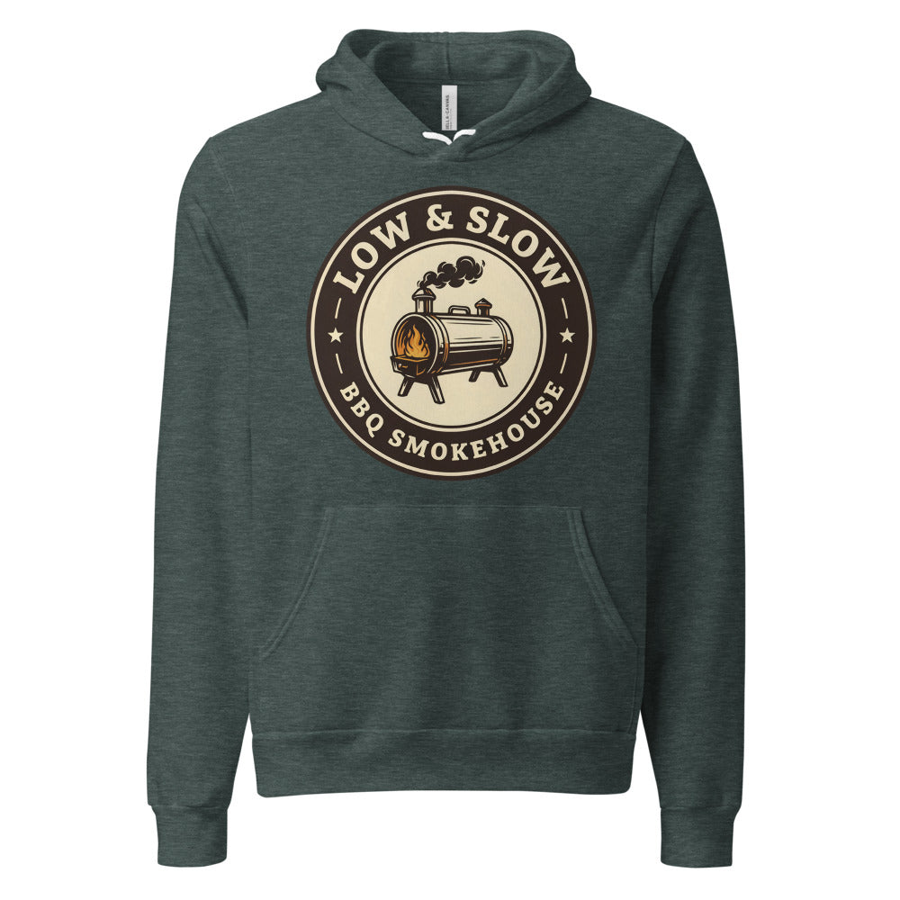 Low & Slow BBQ smoker hoodie — Heather Forest, front