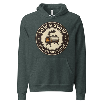 Low & Slow BBQ smoker hoodie — Heather Forest, front