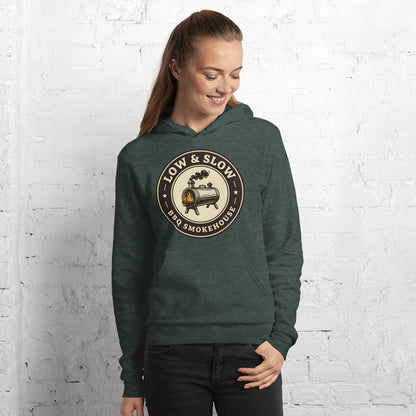 Low & Slow BBQ smoker hoodie — Heather Forest, on model