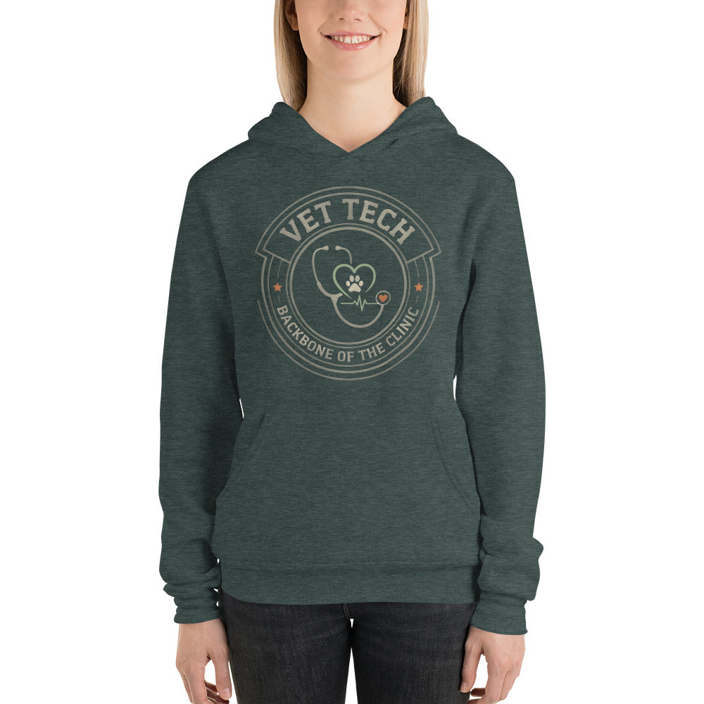 Vet Tech Crest retro veterinary technician hoodie — Heather Forest, on model