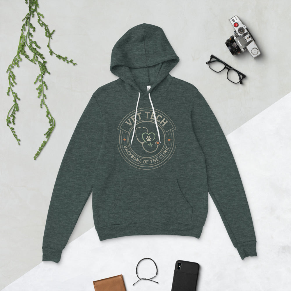 Vet Tech Crest retro veterinary technician hoodie — Heather Forest, flat lay