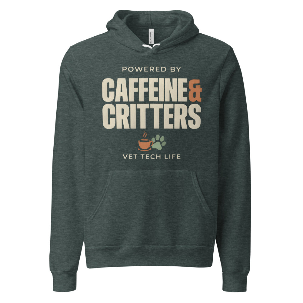 Powered by Caffeine & Critters funny vet tech hoodie — Heather Forest, front