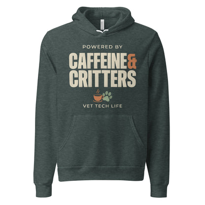 Powered by Caffeine & Critters funny vet tech hoodie — Heather Forest, front