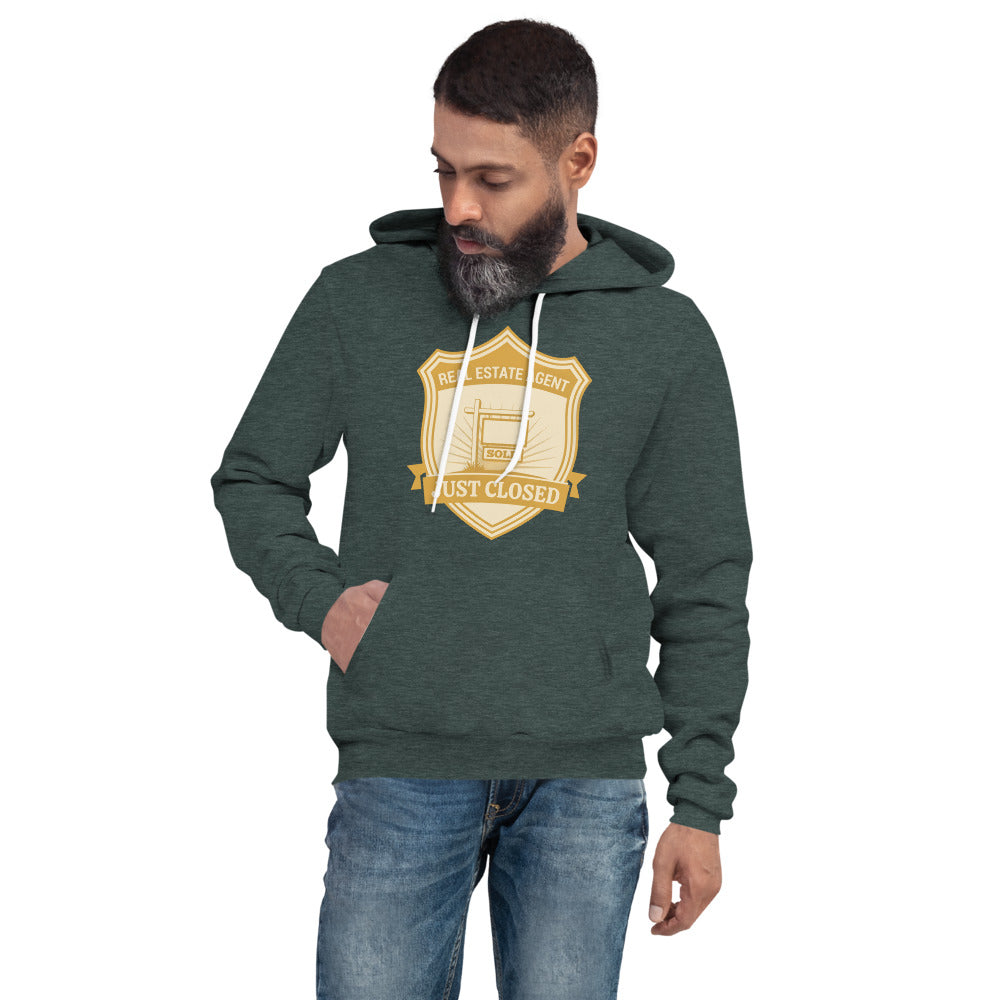 Just Closed real estate agent hoodie — Heather Forest, on model