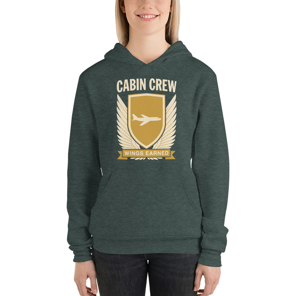 Wings Earned flight attendant hoodie — Heather Forest, on model