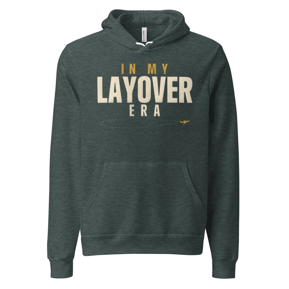 In My Layover Era flight attendant hoodie — Heather Forest, front