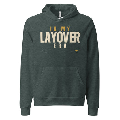 In My Layover Era flight attendant hoodie — Heather Forest, front