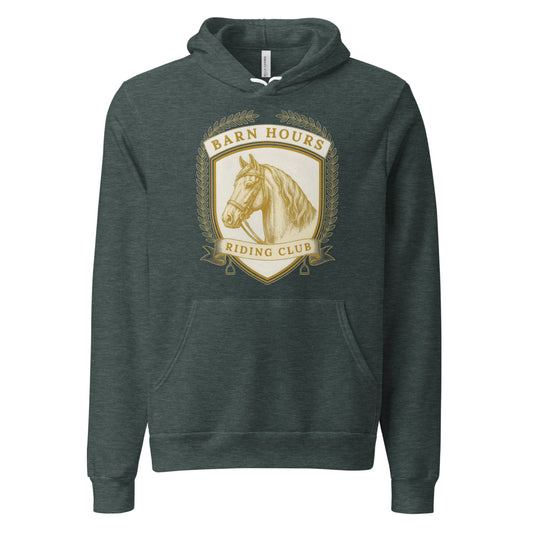 Barn Hours Riding Club vintage equestrian stable crest hoodie — Heather Forest, front