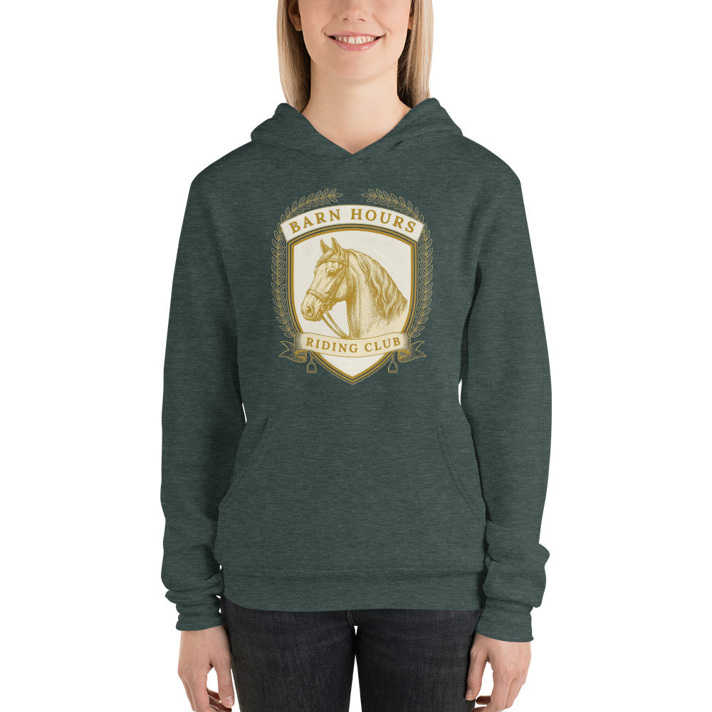Barn Hours Riding Club vintage equestrian stable crest hoodie — Heather Forest, on model