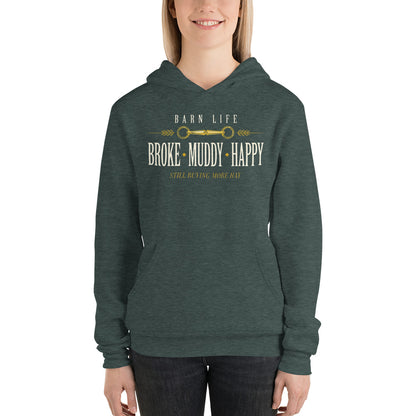 Broke Muddy Happy funny barn life equestrian hoodie — Heather Forest, on model