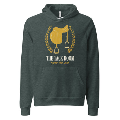 The Tack Room engraved equestrian saddle crest hoodie — Heather Forest, front