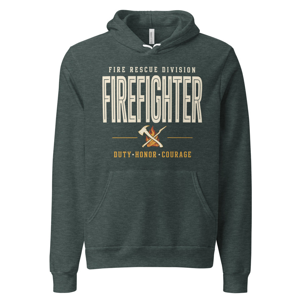 Firefighter collegiate wordmark retro fire-rescue hoodie — Heather Forest, front