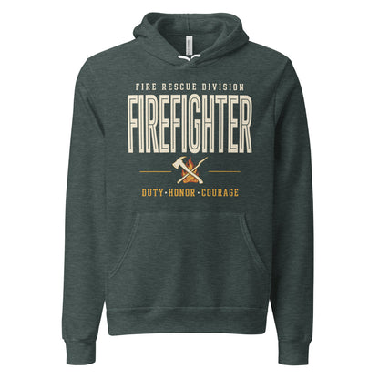 Firefighter collegiate wordmark retro fire-rescue hoodie — Heather Forest, front