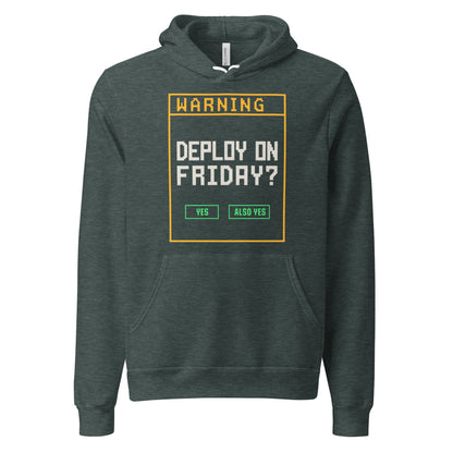 Deploy On Friday programmer hoodie — Heather Forest, front