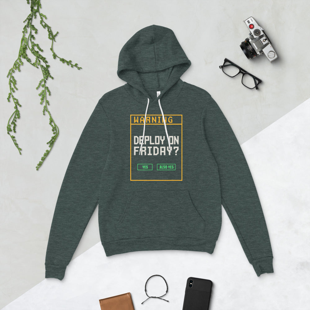 Deploy On Friday programmer hoodie — Heather Forest, flat lay