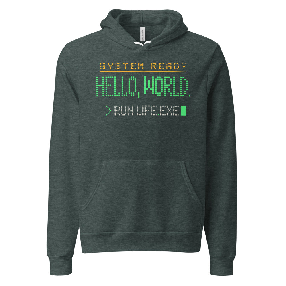 Hello World retro boot screen programmer hoodie — Heather Forest, front