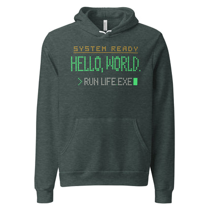 Hello World retro boot screen programmer hoodie — Heather Forest, front