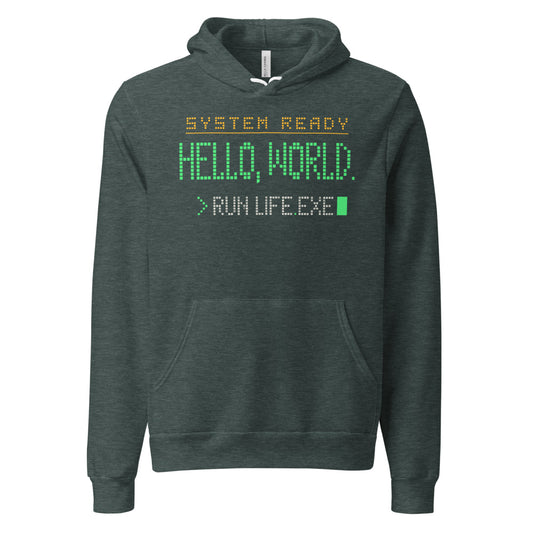 Hello World retro boot screen programmer hoodie — Heather Forest, front