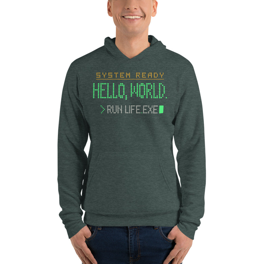 Hello World retro boot screen programmer hoodie — Heather Forest, on model