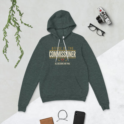 Office of the Commissioner fantasy football draft hoodie — Heather Forest, flat lay
