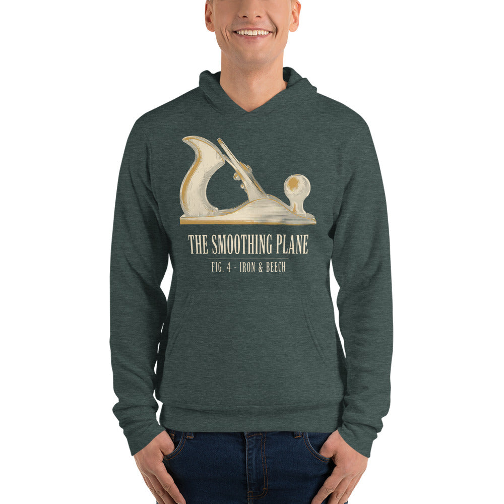 Fig. 4 The Smoothing Plane woodworking hoodie — Heather Forest, on model