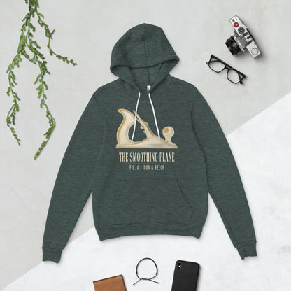 Fig. 4 The Smoothing Plane woodworking hoodie — Heather Forest, flat lay