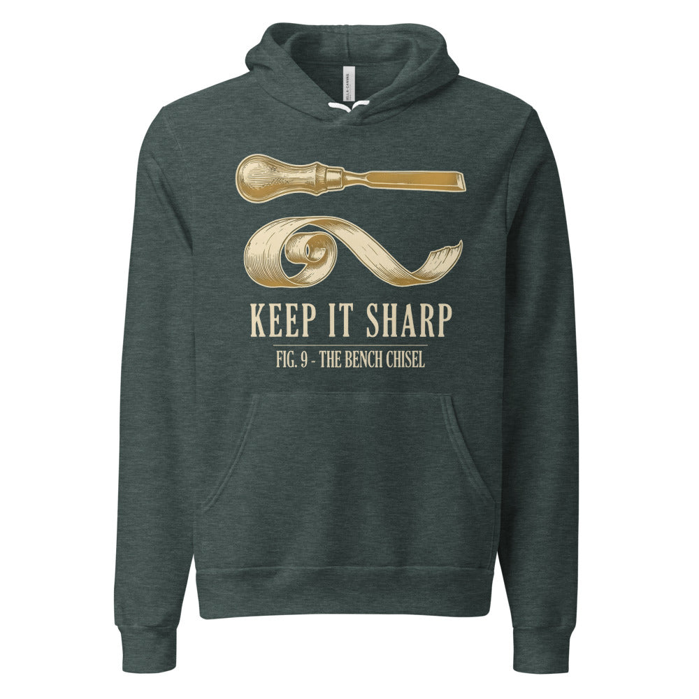 Keep It Sharp woodworking hoodie — Heather Forest, front