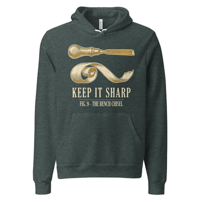 Keep It Sharp woodworking hoodie — Heather Forest, front