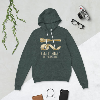 Keep It Sharp woodworking hoodie — Heather Forest, flat lay