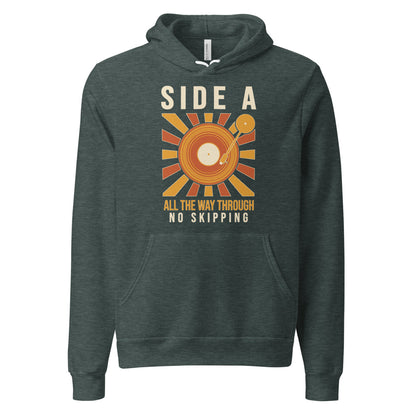 Side A No Skipping vinyl record hoodie — Heather Forest, front