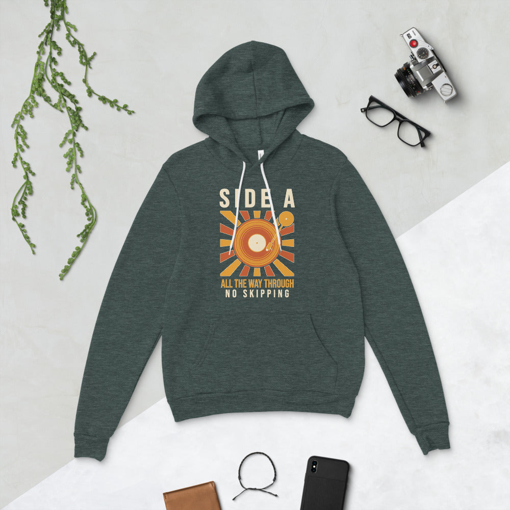 Side A No Skipping vinyl record hoodie — Heather Forest, flat lay