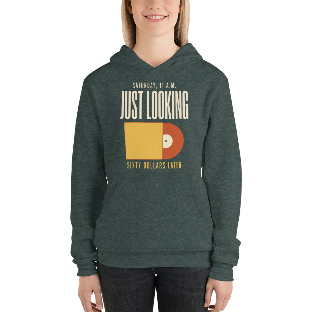 Just Looking Sixty Dollars Later vinyl record hoodie — Heather Forest, on model
