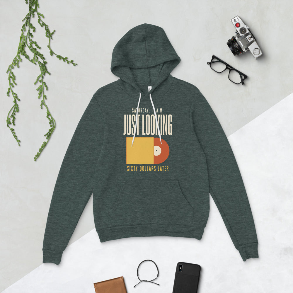 Just Looking Sixty Dollars Later vinyl record hoodie — Heather Forest, flat lay