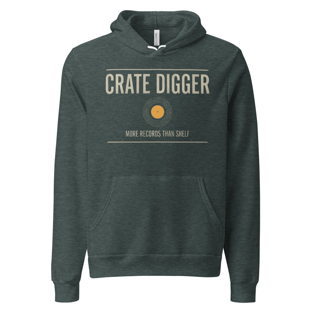 Crate Digger vinyl record hoodie — Heather Forest, front