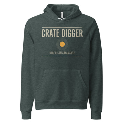 Crate Digger vinyl record hoodie — Heather Forest, front