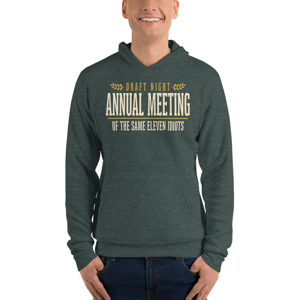 Annual Meeting of the Same Eleven Idiots funny fantasy football draft hoodie — Heather Forest, on model