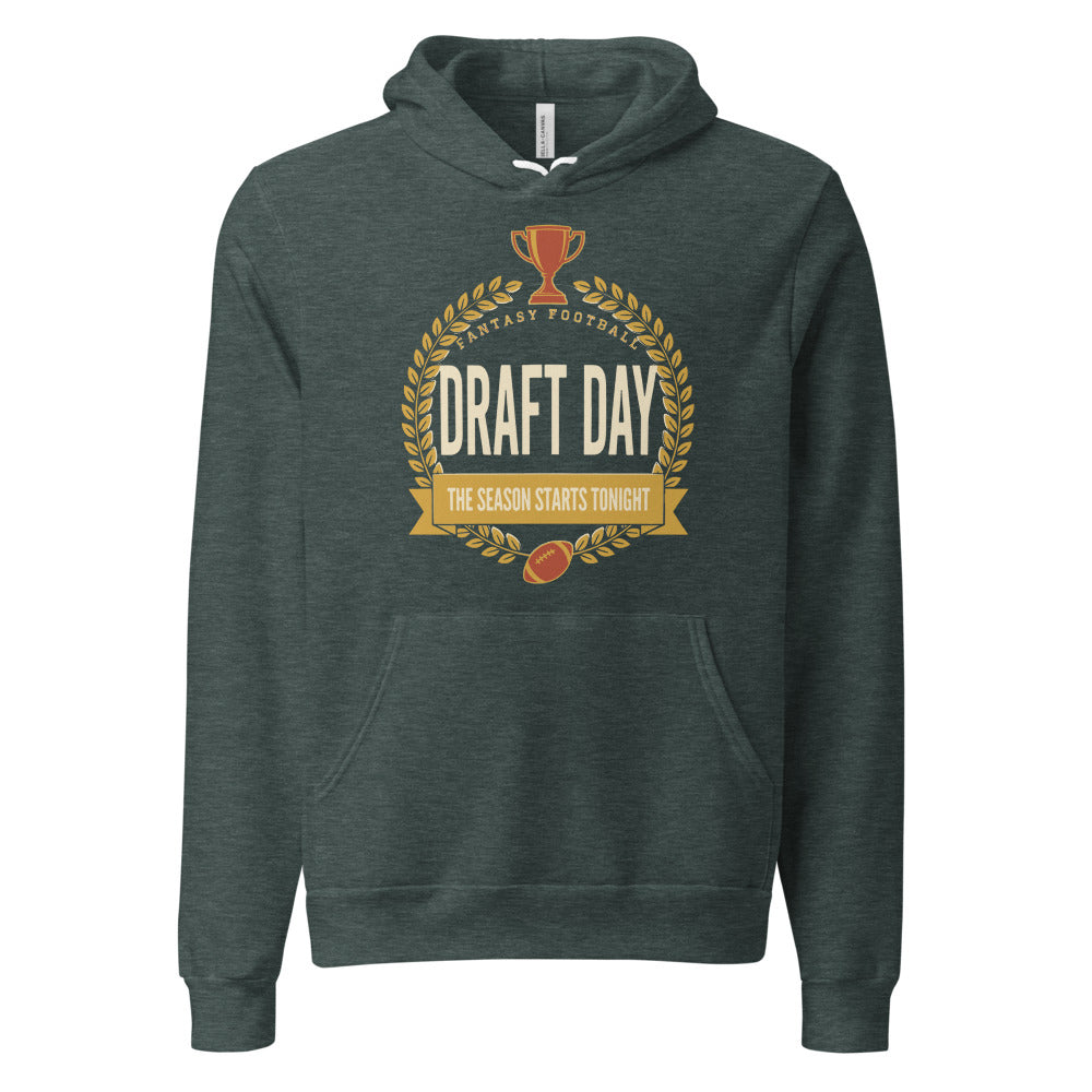 Draft Day Almanac vintage fantasy football draft hoodie — Heather Forest, front