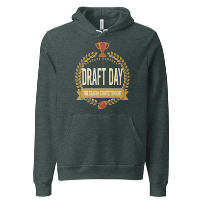 Draft Day Almanac vintage fantasy football draft hoodie — Heather Forest, front