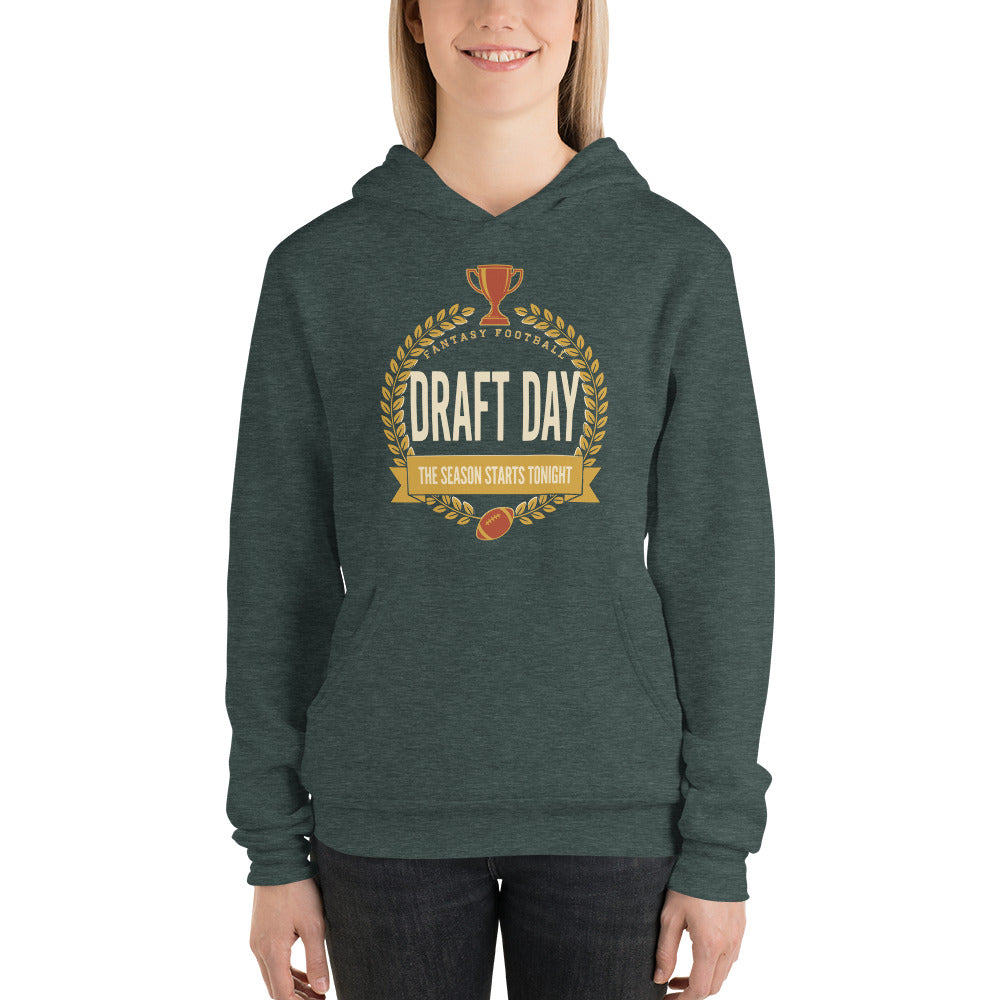 Draft Day Almanac vintage fantasy football draft hoodie — Heather Forest, on model