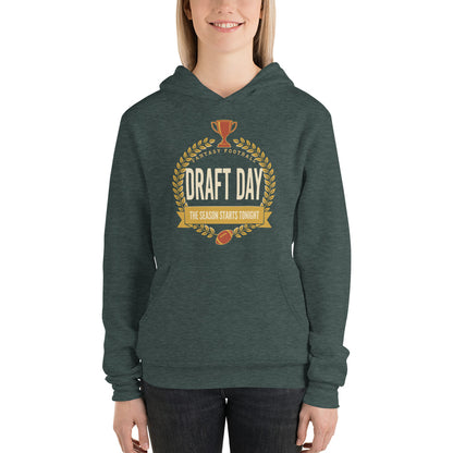 Draft Day Almanac vintage fantasy football draft hoodie — Heather Forest, on model