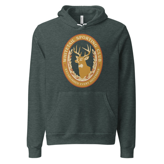 Whitetail Sporting Club vintage deer hunting hoodie — Heather Forest, front