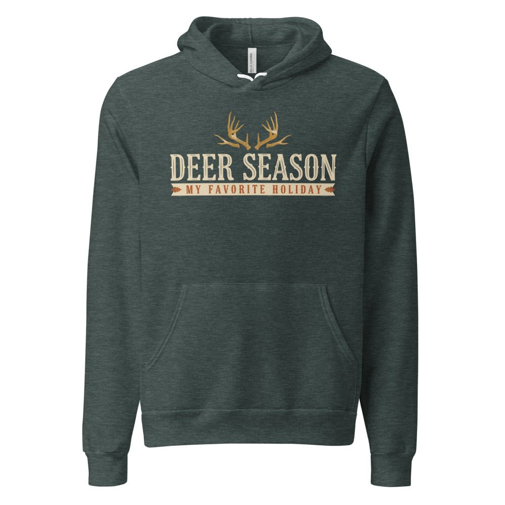 Deer Season My Favorite Holiday deer hunting hoodie — Heather Forest, front